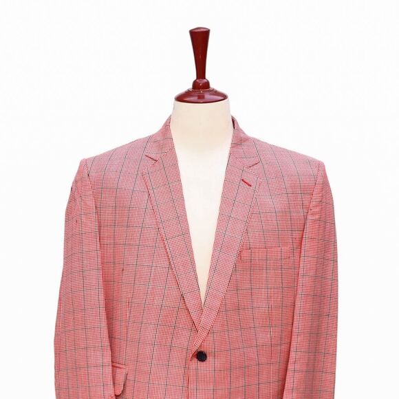 Mens Blazer Plaid Check Red White Black Formal Jacket Wedding Sport Coat 46R - Picture 3 of 6